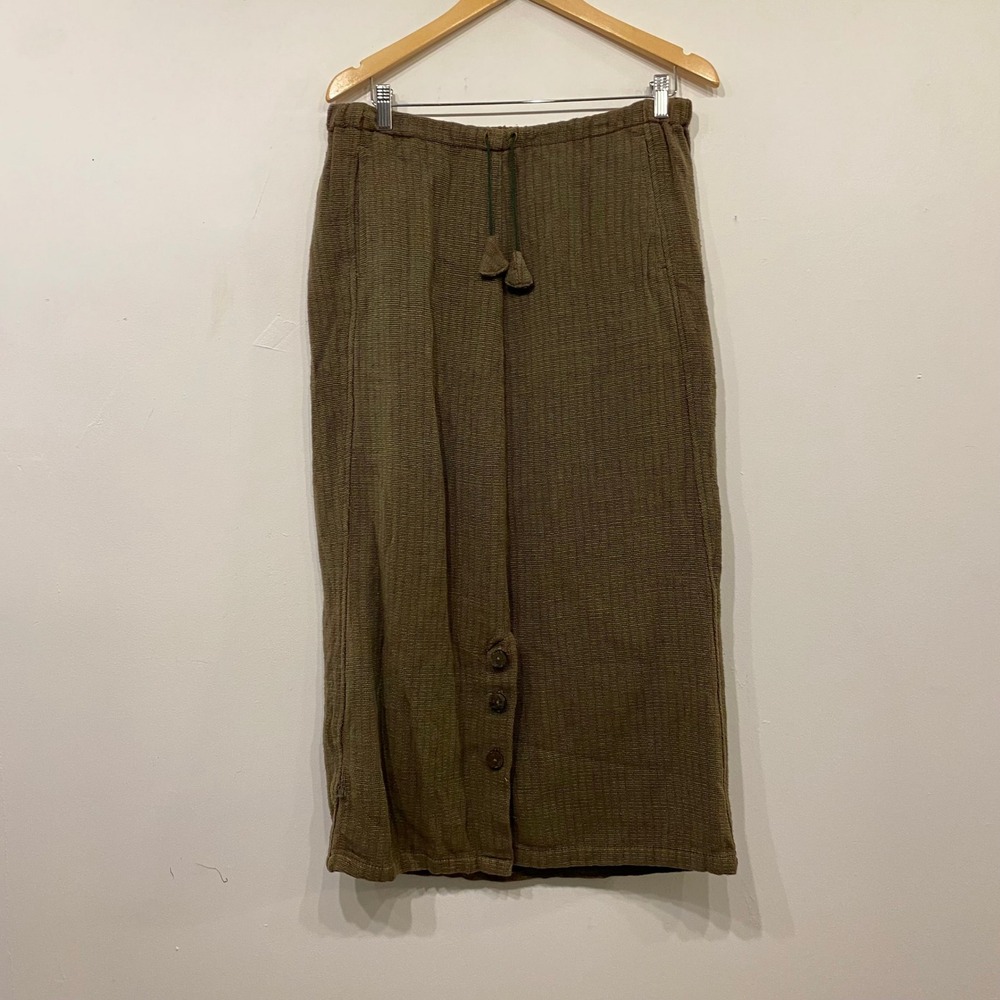 Tribe by A People United Woven Maxi Skirt Tassel Drawstring Brown Olive L Large